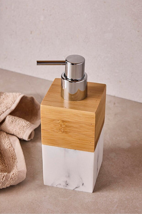 Stylish White Marble & Bamboo Liquid Soap Dispenser for Bathroom