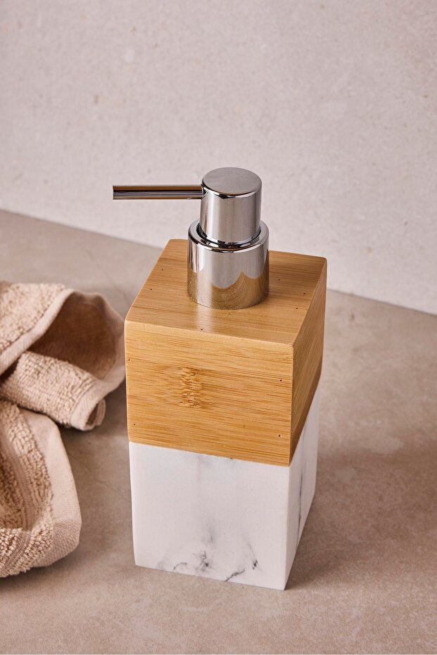 Stylish White Marble & Bamboo Liquid Soap Dispenser for Bathroom