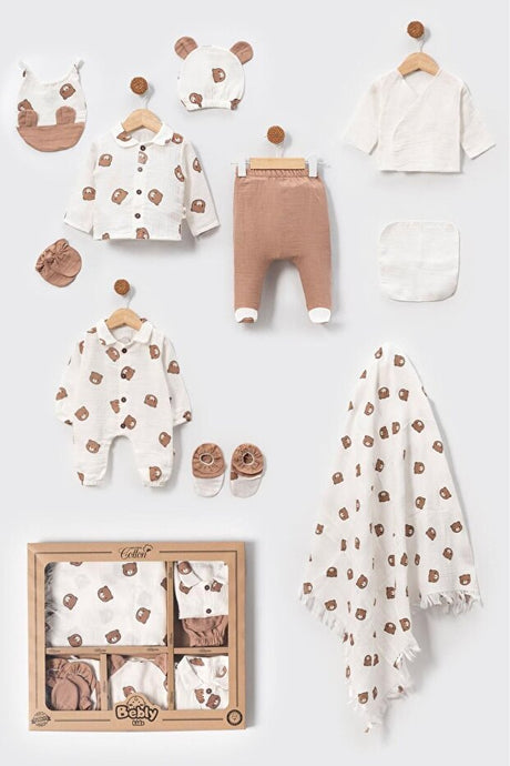 Newborn Muslin Bear Print 10-Piece Baby Hospital Outfit Set 0-3 Months