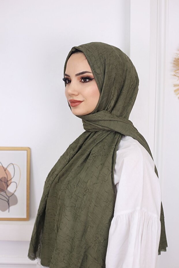 شال من البامبو بتصميم مجعد - أخضر زيتوني