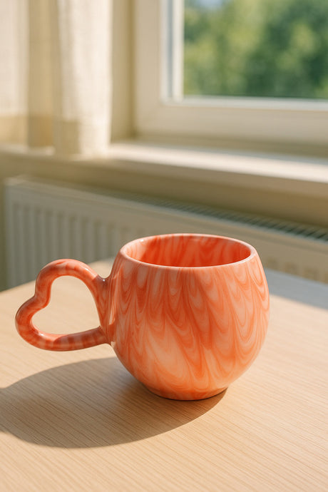 Handmade Marbled Orange Ceramic Mug with Heart Handle - 200cc