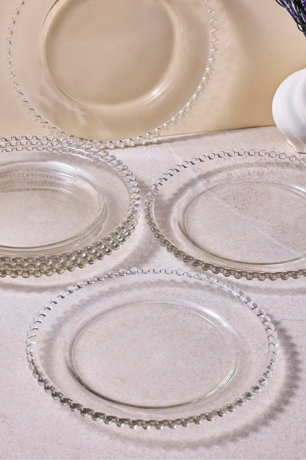 Beaded Edge Glass Dessert Plate Set - 6-Piece, 20 cm