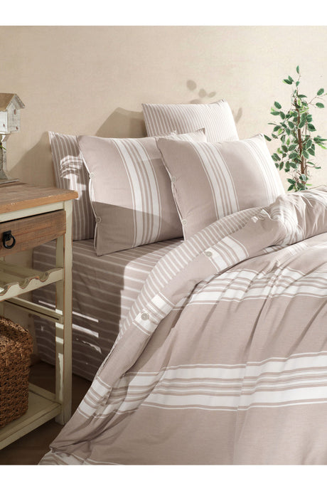 Natural Calors Striped Double Duvet Cover Set - 6 Piece with Fitted Sheet