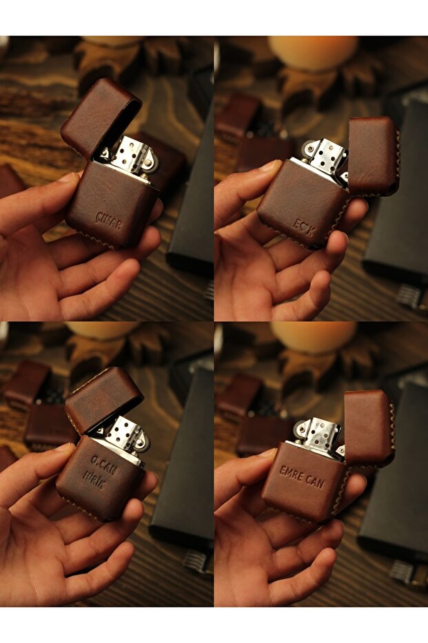 Handmade Genuine Leather Cased Zippo-Style Lighter with Wolf Design