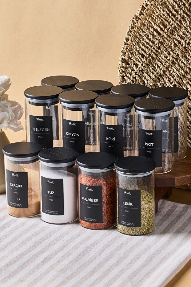 Borosilicate Glass Spice Jar Set - 12 Jars with Black Wooden Lids
