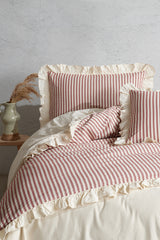 Ensemble de housse de couette double rayée à volants 100 % coton - 4 pièces, 200x220 cm