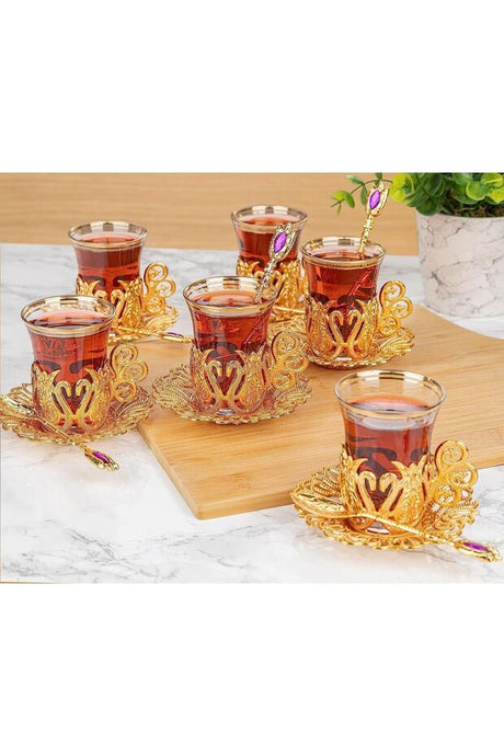 Premium Authentic Turkish Tea Set with Ottoman Motif & Spoons - 6-Piece Set