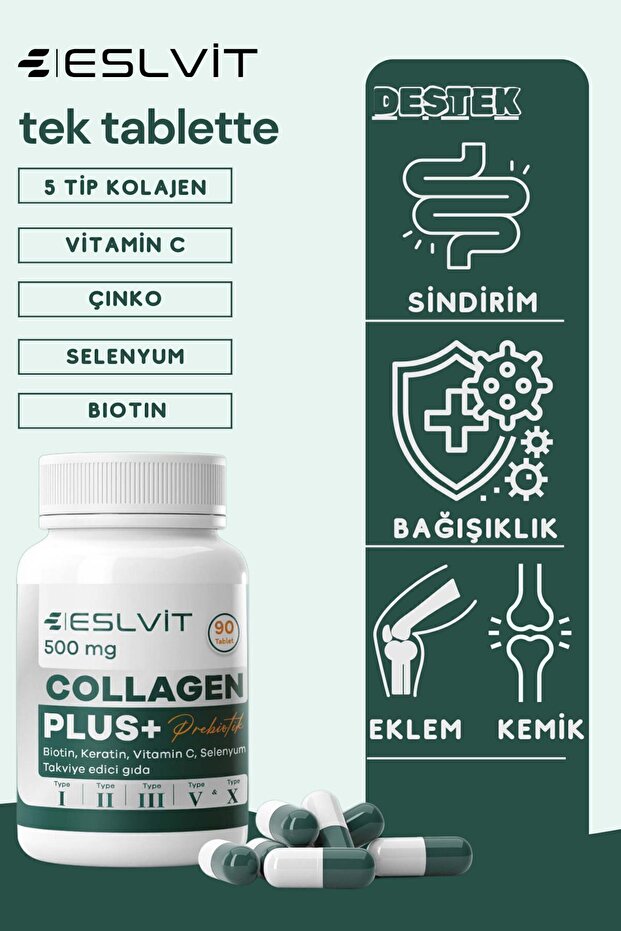 Collagene Idrolizzato 5 Tipi - 90 Compresse con Vitamina C, Zinco, Selenio