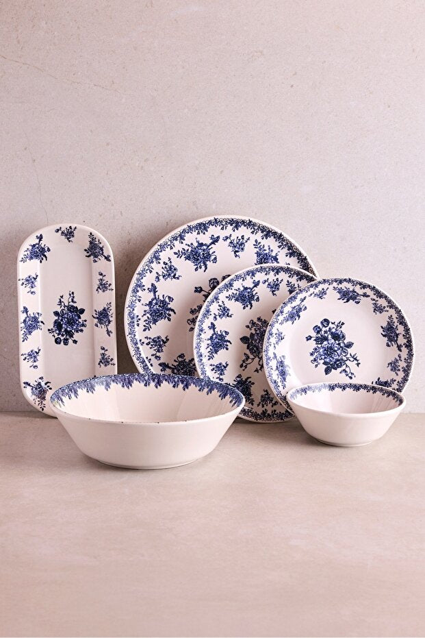 6-Person 27-Piece Ceramic Dinnerware Set - Vintage Blue Floral