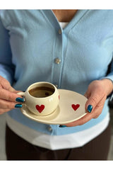 Ceramic Turkish Coffee Cup and Saucer Set - Romantic Heart Design