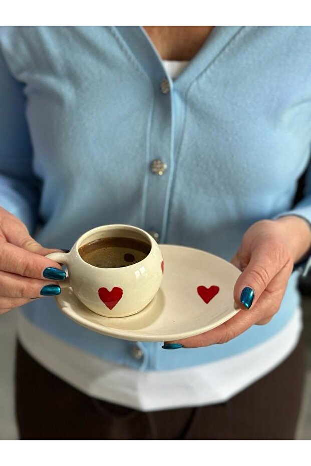 Ceramic Turkish Coffee Cup and Saucer Set - Romantic Heart Design