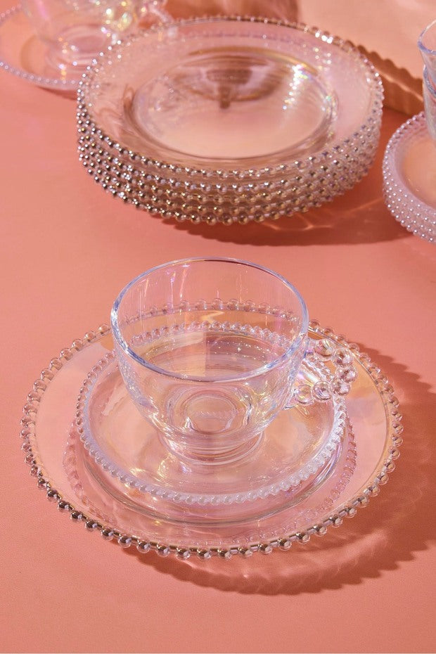 Iridescent Beaded Glass Tea Cup & Dessert Plate Set - 18 Pieces