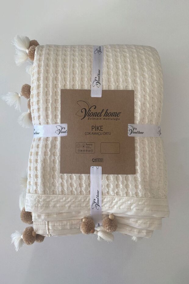 100% Cotton Double Bedspread Pike - Waffle & Pom-pom Cream