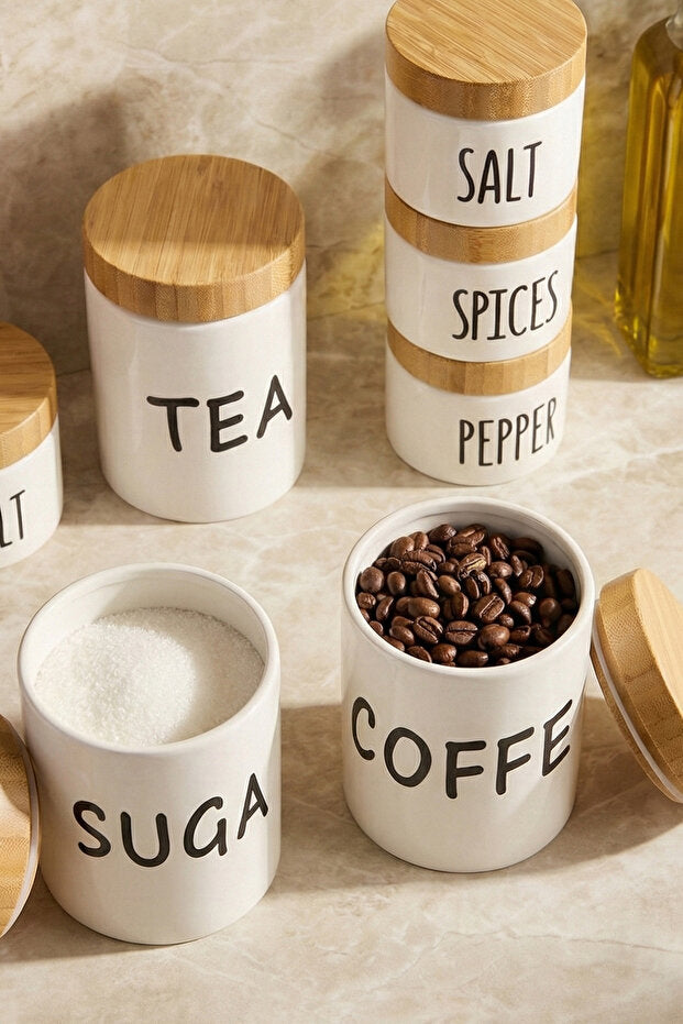 7-Piece Porcelain Spice Jar Set with Bamboo Lids