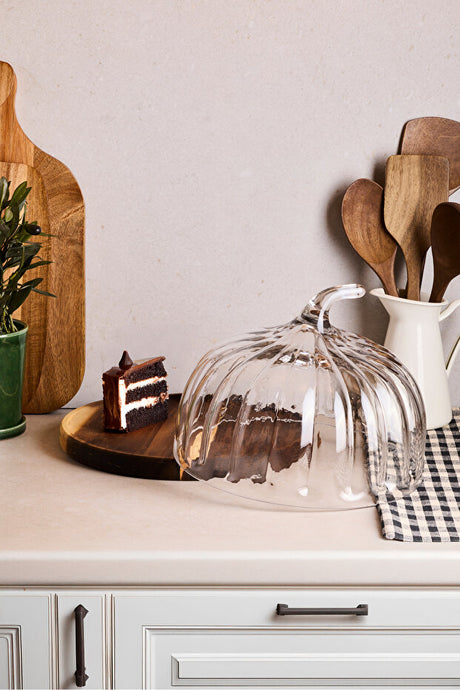 28cm Glass Cake Dome with Acacia Wood Base - Pumpkin Design