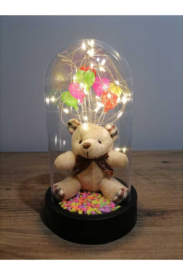 Illuminated Teddy Bear & Heart Balloons Glass Dome