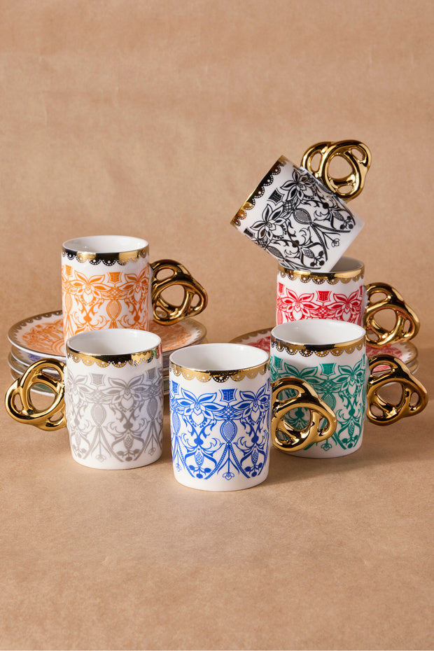 Colorful Patterned Porcelain Coffee Cup Set for 6 People