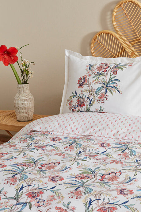 Indra 100% Cotton Double Duvet Cover Set - Floral Salmon