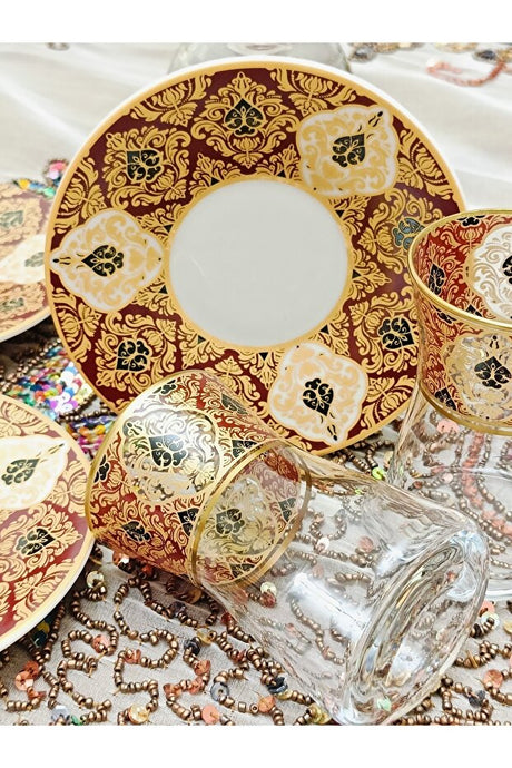 Porcelain & Glass Tea Set - Ornate Gold & Maroon Design