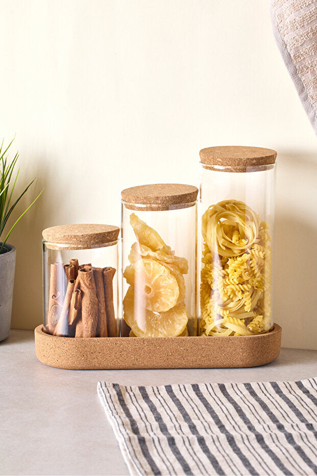 Cork Borosilicate Glass Jar Set - 600ml, 800ml, 1000ml with Base