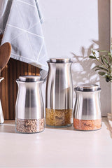 3-Piece Kitchen Storage Jar Set - Stainless Steel & Glass