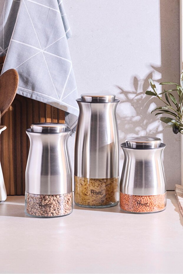 3-Piece Kitchen Storage Jar Set - Stainless Steel & Glass