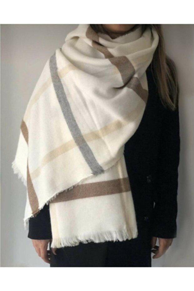 Cream Striped Acrylic Shawl & Scarf