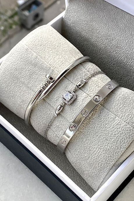 Women's 3-Piece Silver-Tone Steel Bracelet Set - Valentine's Gift