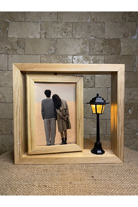 Handmade Wooden Rotating Photo Frame with Street Lamp Decor