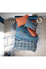 Single Duvet Cover Set - Travel Passport Stamp & Plaid Design