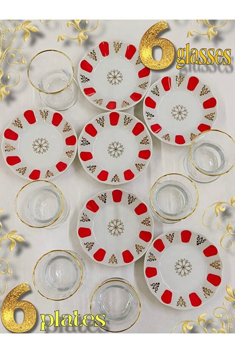 Porcelain & Glass Tea Set - Gold-Rimmed with Floral & Red Accents