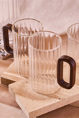 Stylish 350ml Ribbed Glass Mugs with Acacia Handles - Set of 6