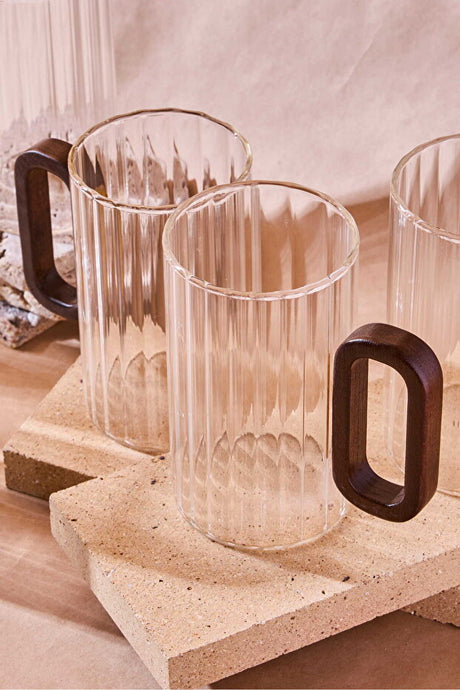 Stylish 350ml Ribbed Glass Mugs with Acacia Handles - Set of 6