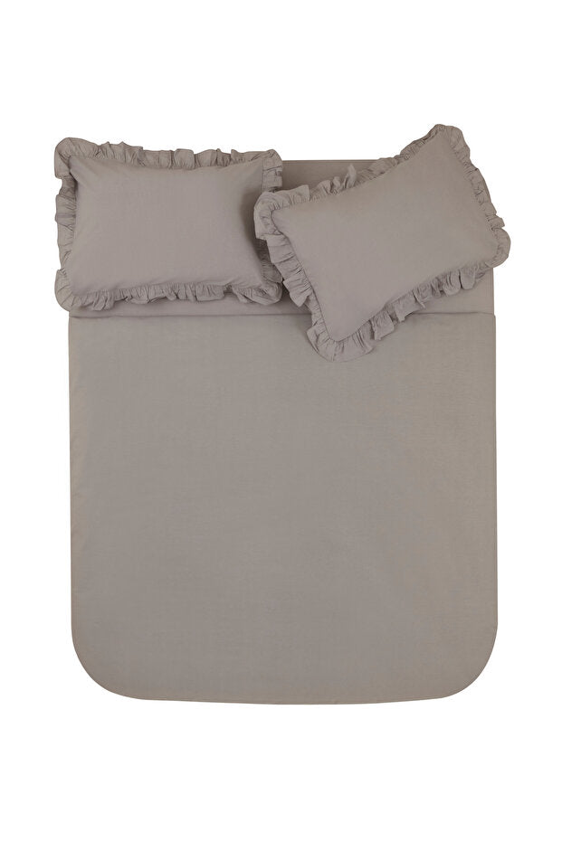Pure 100% Cotton Double Duvet Cover Set - Grey with Ruffles