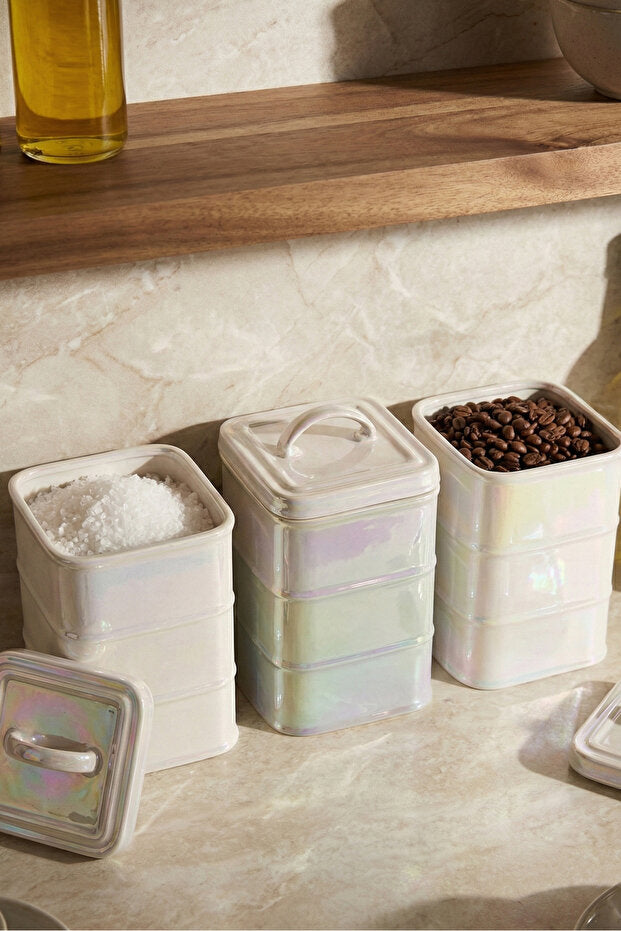 Pearl Iridescent Square Porcelain Canister Set with Lids, 3-Piece