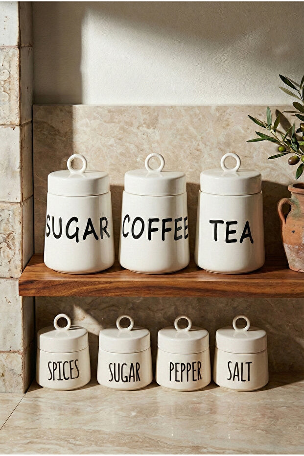 Ergonomic Porcelain Kitchen Canister Set - 7 Pieces with Handle Lids