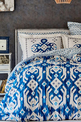 Neos Blue 100% Cotton Double Duvet Cover Set - Ikat Pattern