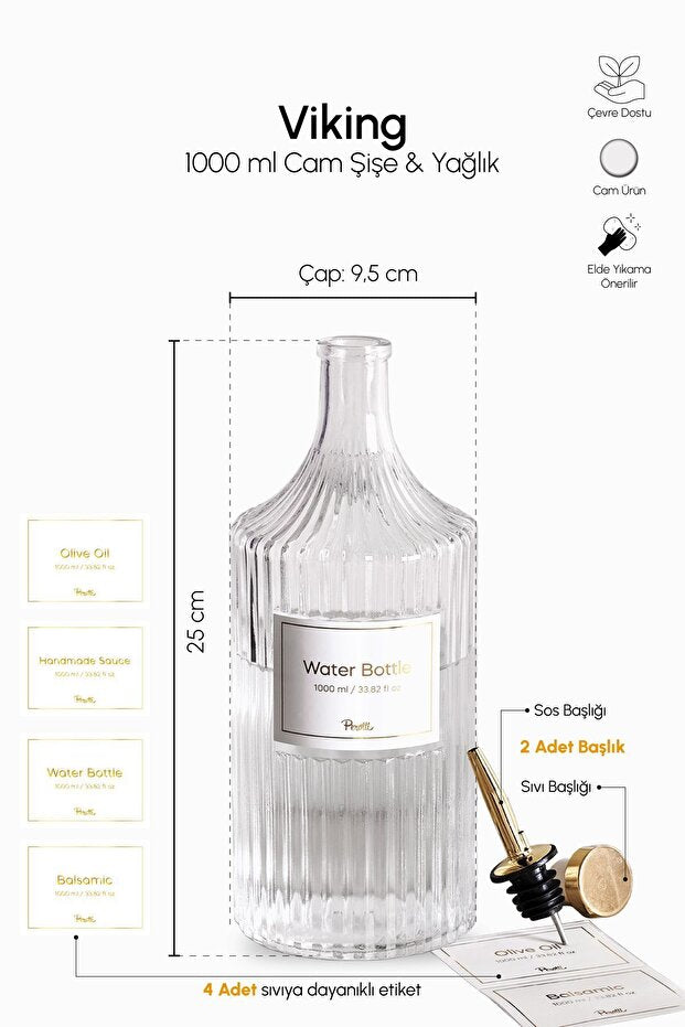 1000ml Ribbed Glass Water Bottle with Silver Cap