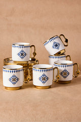 6 Person Porcelain Coffee Cup Set with Elegant Blue Tile Design