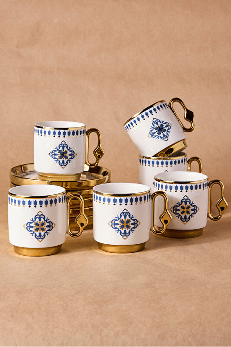 6 Person Porcelain Coffee Cup Set with Elegant Blue Tile Design