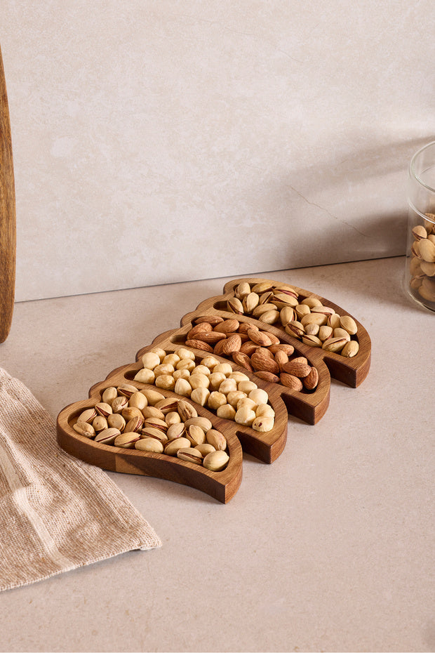 Acacia 4-Compartment Heart-Shaped Serving Tray - 25x14 cm