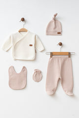 Newborn Waffle Knit 100% Cotton 5-Piece Baby Set - Cream & Pink