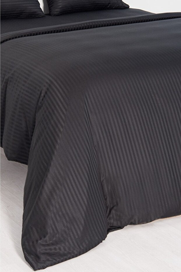 Black Microfiber Striped Double Duvet Cover Set - 4 Pieces