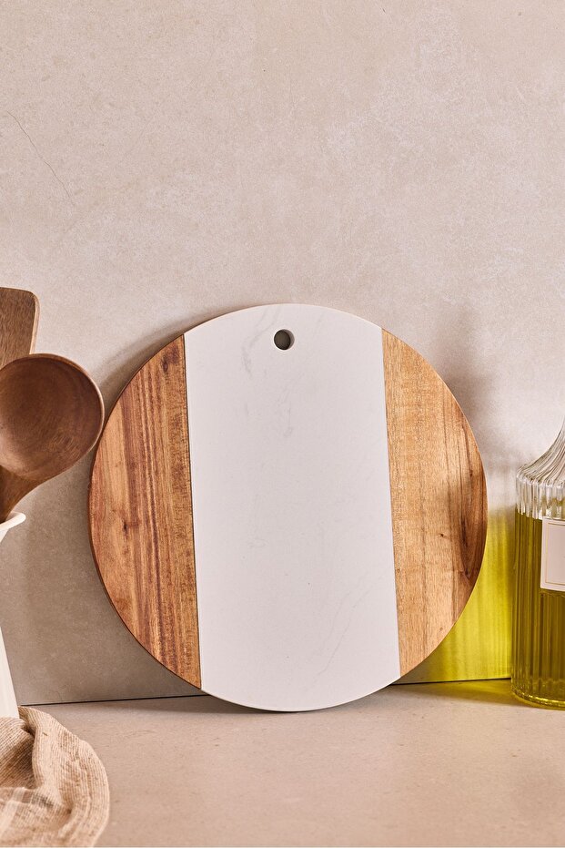 Round Acacia Wood & White Marble Design Cutting Board - 30 cm