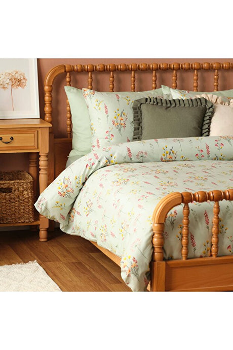 Flores 100% Cotton Sateen Double Duvet Set - Light Green (200x220 cm)