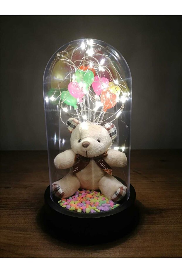 Illuminated Teddy Bear & Heart Balloons Glass Dome