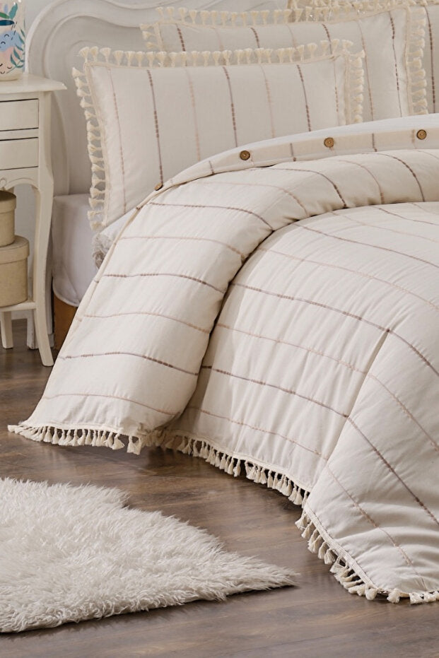 Double Cotton Duvet Cover Set - Buttoned & Tasseled