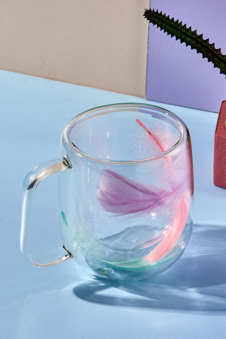 Double-Walled Glass Mug - 250ml Insulated with Feather Design