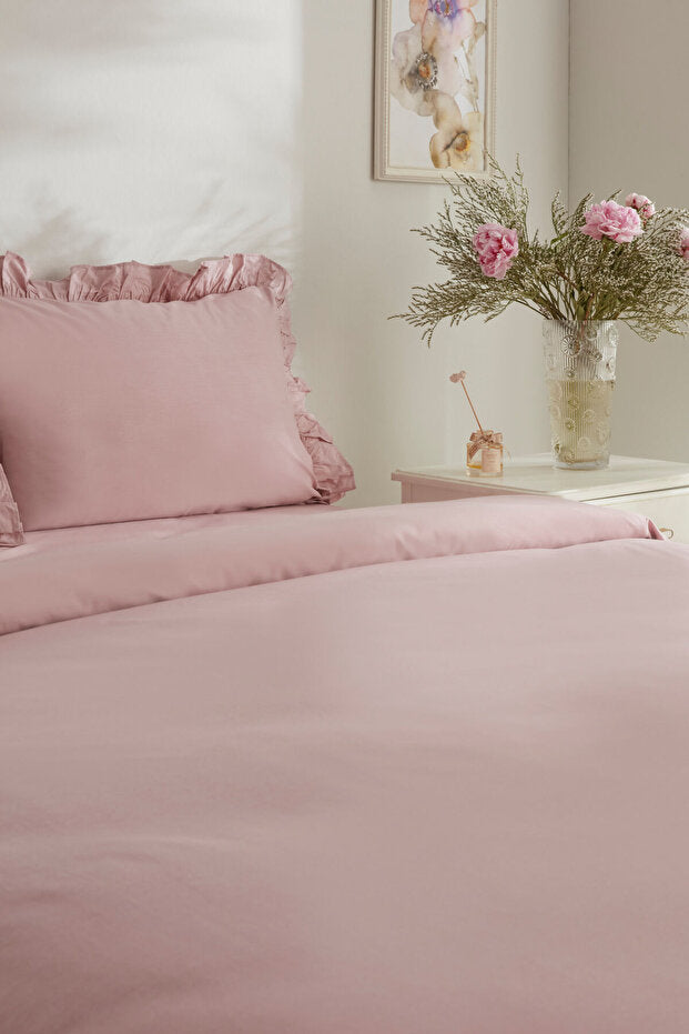 Pure Ruffle 100% Cotton Double Duvet Cover Set - Powder Pink