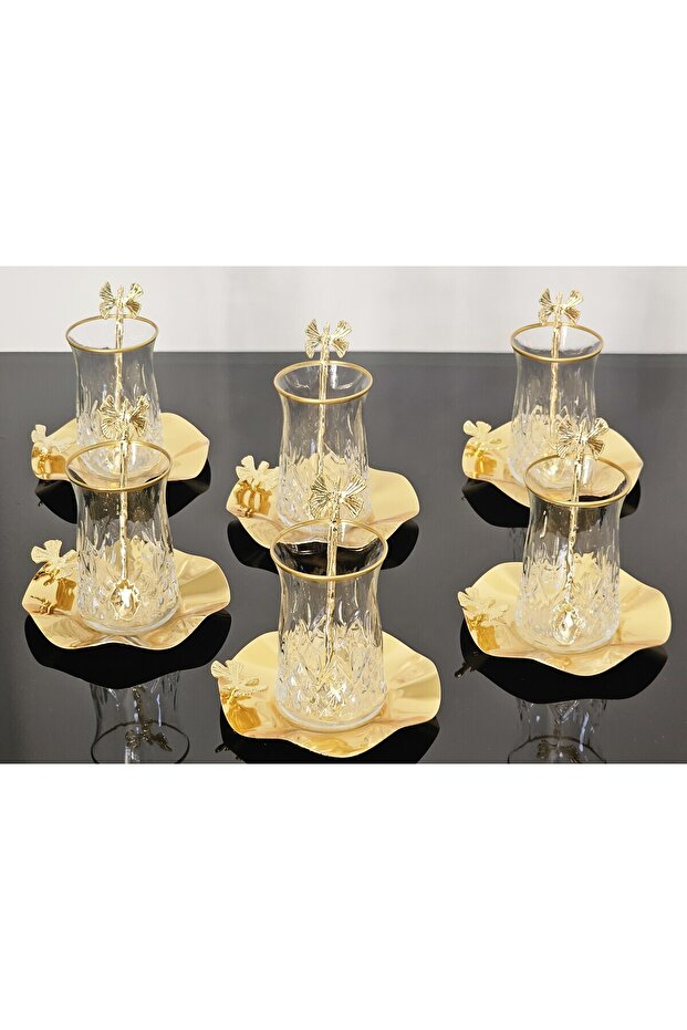 Atabey Home Premium 18-Piece Gold Butterfly Tea Set with Metal Saucers & Spoons